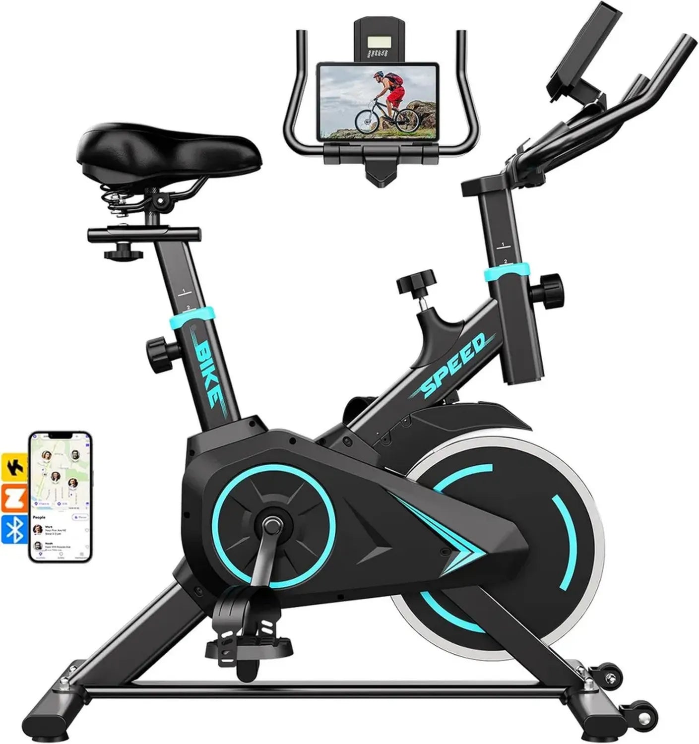 Vélo d'appartement connecté avec écran LCD, support tablette, résistance ajustable 0-100%, capacité 130 kg