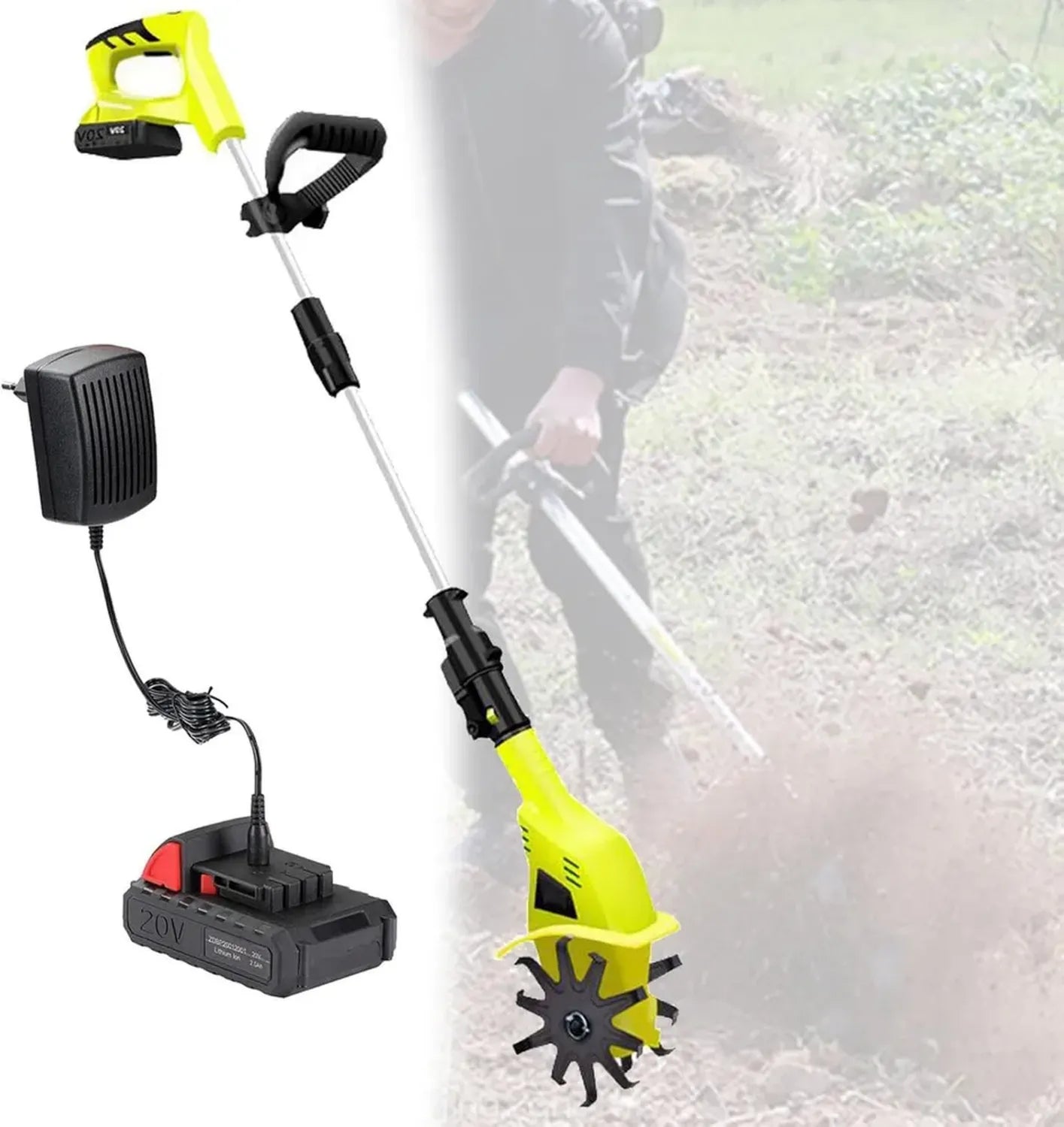 Motoculteur Électrique Sans Fil, Largeur de 10,5 cm, Profondeur de 25 cm, Poignée Réglable 97-127 cm
